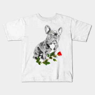 Valentines French Bulldog With Red Rose Kids T-Shirt